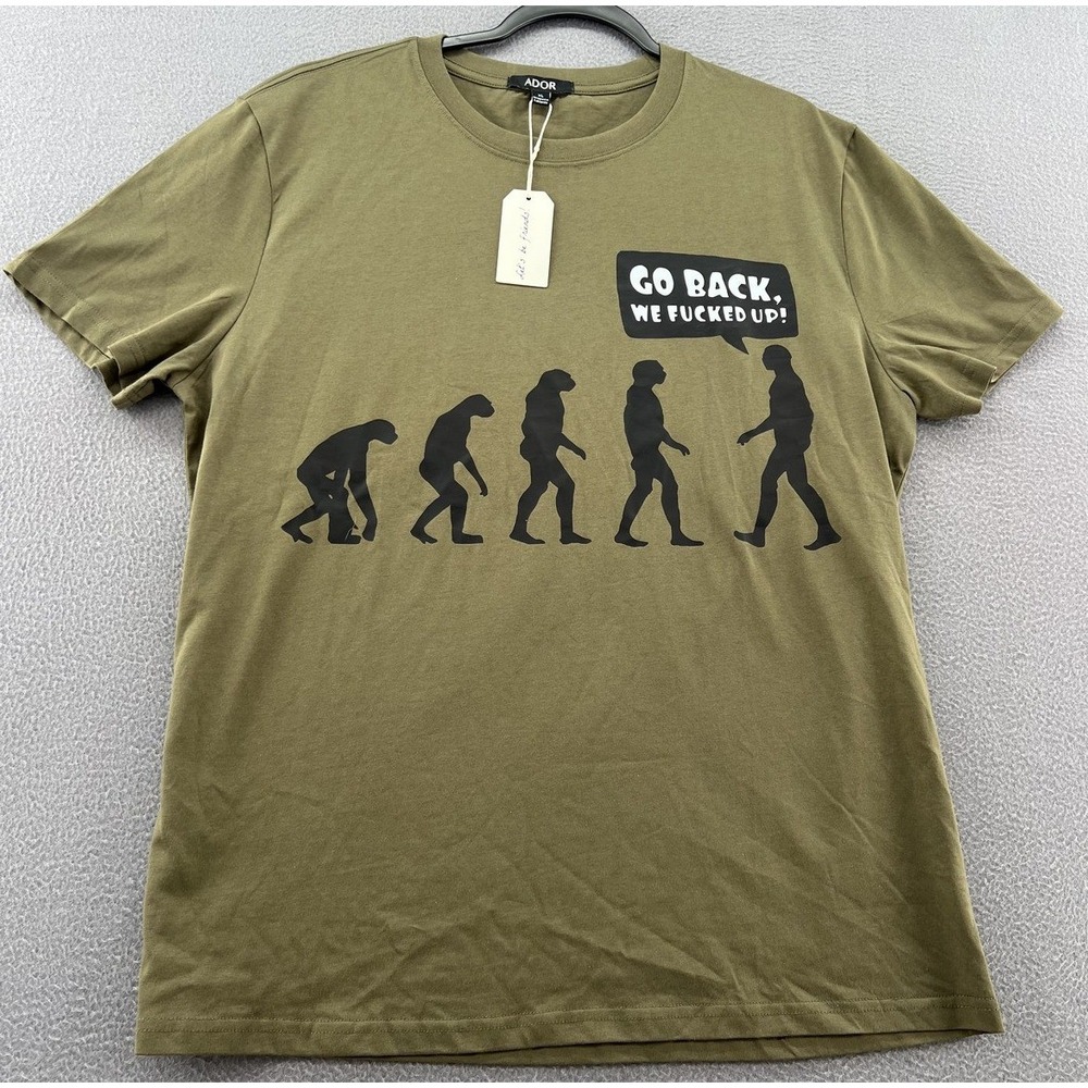 ADOR Shirt Mens XL Evolution Graphic Tee Olive Green Funny Short Sleeve Tee NEW